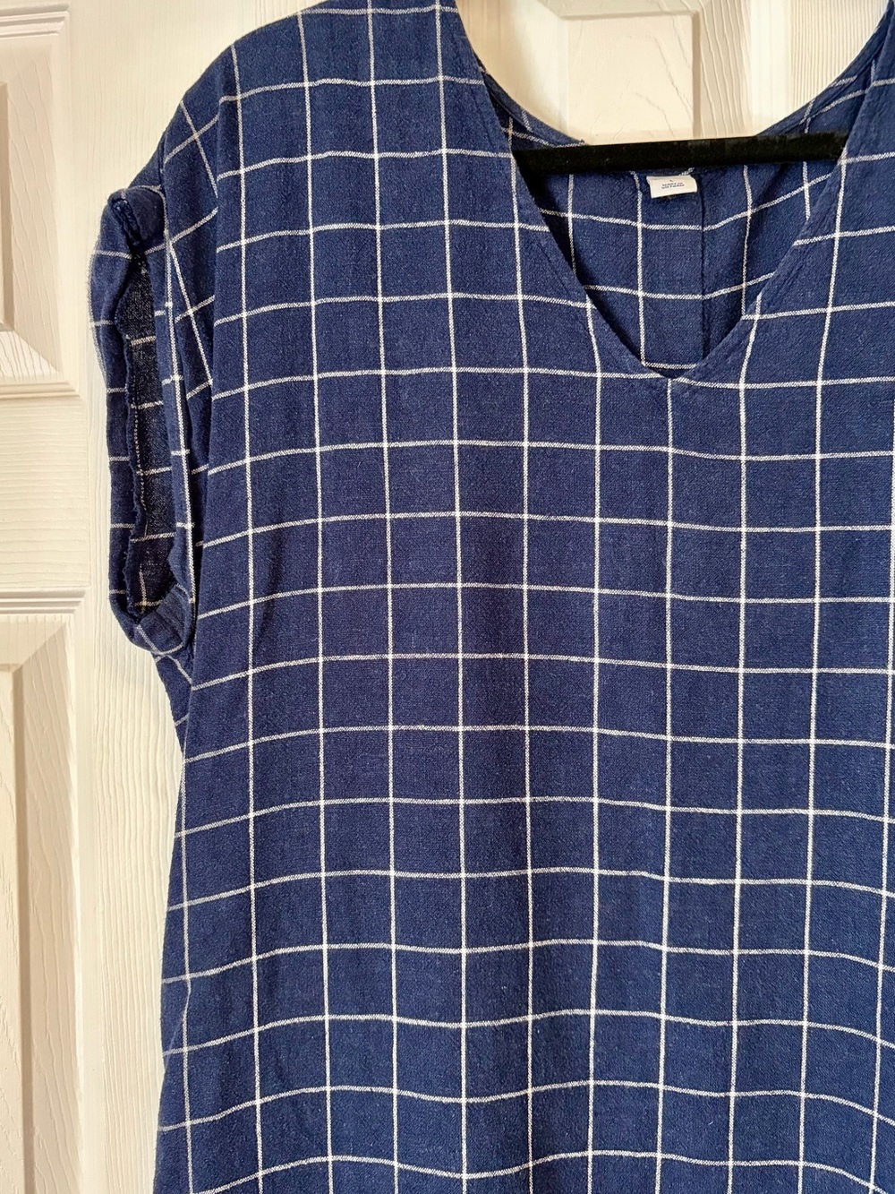 EUC Old Navy Navy Blue linen Grid-Print Shift Dress Sz large - Picture 2 of 5